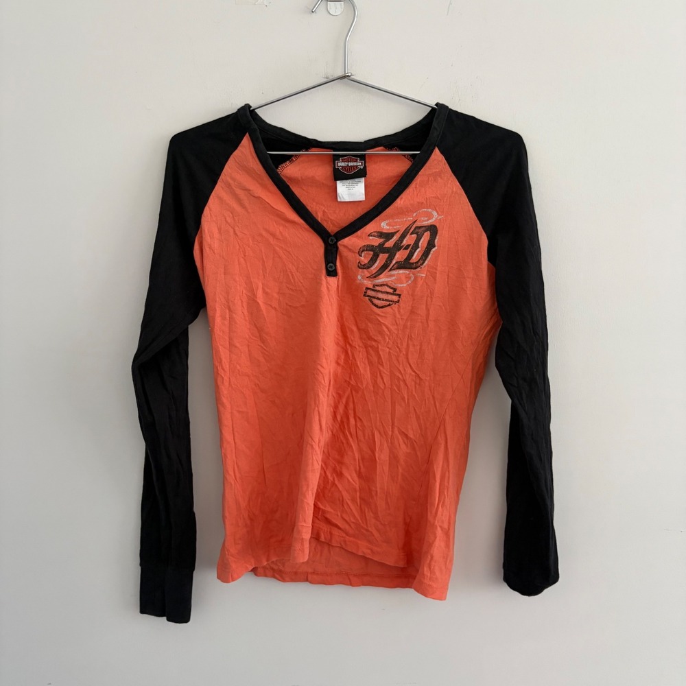 Harley Davidson Womens Orange Black Raglan Henley Long Sleeve Shirt Medium